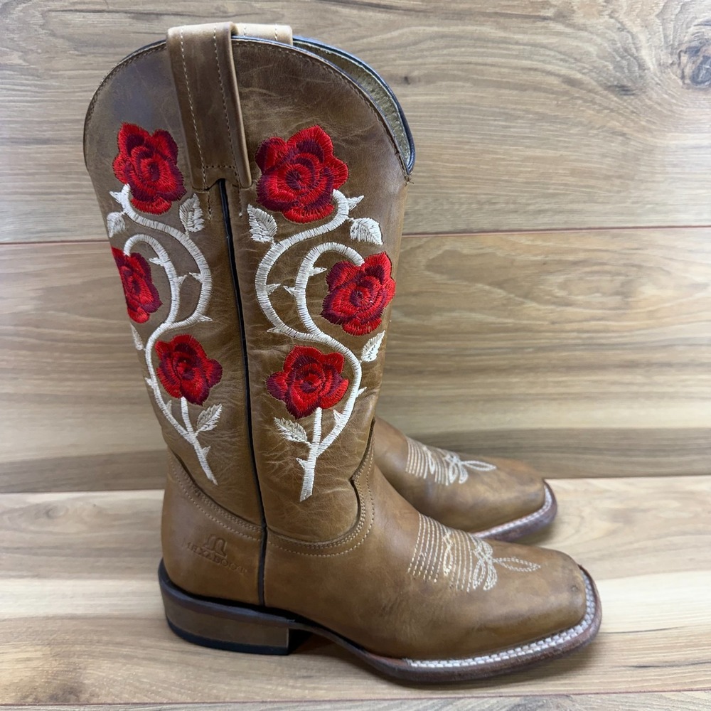 Mexaboot Floral Womens Western Boots 6.5 Mex 23.5 Tan Leather Rose Embroidered